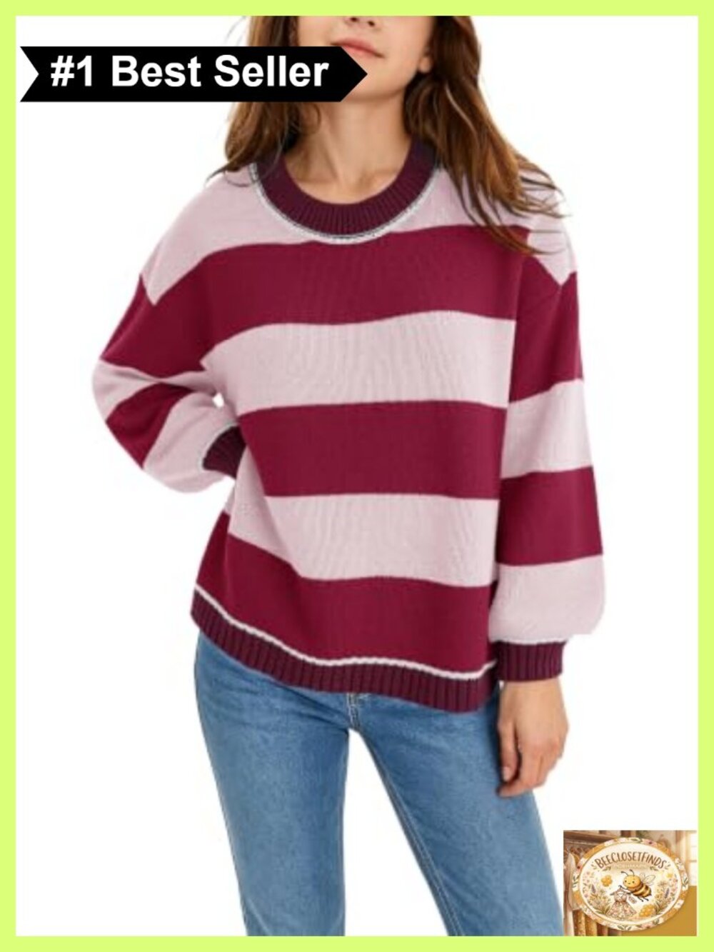 Girls Striped Chunky Knit Oversized Crewneck Long Sleeve Pullover Sweater